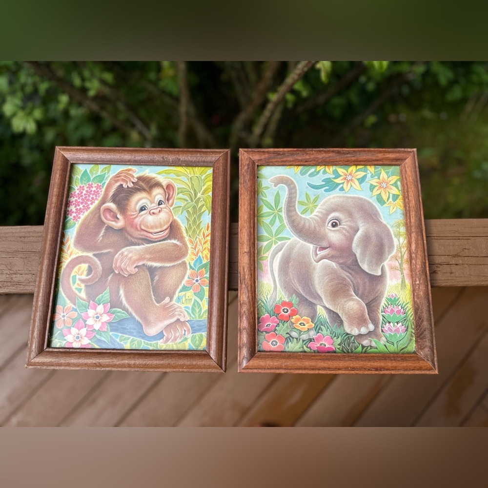 Vintage K. Chin Framed Monkey and Elephant Art Prints 🐒 🐘